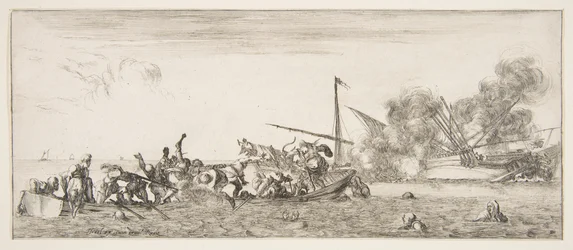 Naval battle, a rowboat filled with people fighting with muskets to left, people drown, ca. 1641