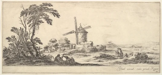 Plate 10: a family in center foreground, various figures and horses in middleground