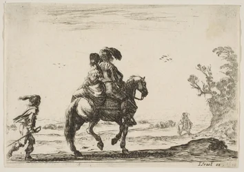A Horseman and a Woman, Seen from Behind, Riding Towards the Right with a Young... (detail)