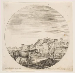 Plate 12: A Shepherd Sleeping on the Ground at Right, Three Horses at Left