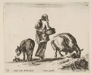 A Peasant Woman Holding a Basket, with a Donkey