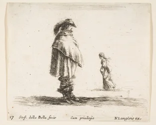 Plate 17: a man wearing a plumed hat in center facing right, a woman walking toward