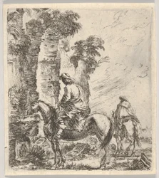 Plate 19: A Rider Making His Horse Drink from a Basin of a Fountain at Left, Another Horseman