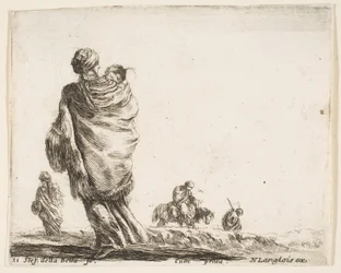Plate 21: a poor woman to left, seen from behind, enveloping her child in a shawl, ca. 1644-47