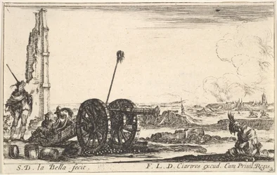 Plate 2: A Cannon to the Left, a Town in the Background, from Various Military Capric..., ca. 1641