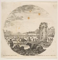 Plate 2: Campo Vaccino, a buffalo and two shepherds in center, the Fontanone to right
