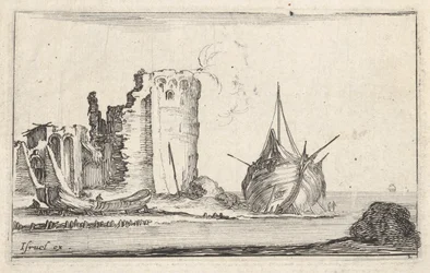 A Ship and a Rowboat Washed Up on Shore, a Tower in Ruins (detail)
