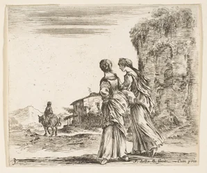 Two Girls Walking Towards the Left, Seen from Behind, a Woman on a Horse