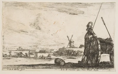 Plate 5: A Pikeman standing at right next to a cannon, other military figures, ca. 1641