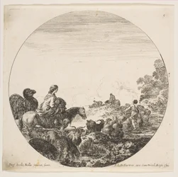 Plate 5: A Woman Carrying a Child on a Horse at Left, a Camel Following Her, a Herd of...