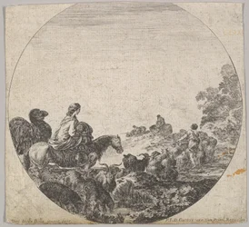 Plate 5: a woman carrying a child on a horse to left, a camel following her, a herd...