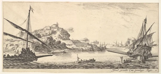 The bow of a galley at left and another galley at right, seen from behind