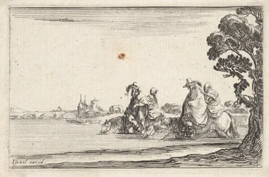 Plate 8: two horsemen in hats at right, each with a woman seated behind them, riding, ca. 1642
