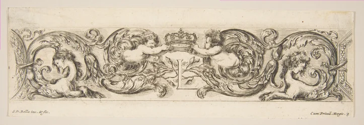 Rinceaux with Two Children Holding a Royal Crown Over the Letter L, Plate 3