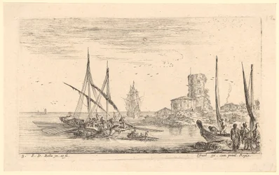 Seascape with Several Ships and Old Tower on the Beach
