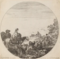 Shepherds and Flock with Woman and Camel