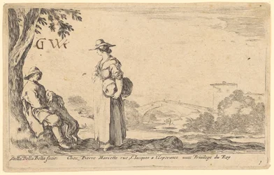 Seated man with a dog by a tree and standing woman with a bundle