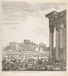 The Columns of the Temple of Antoninus to Right, a Part of the Campo Vaccino in Center
