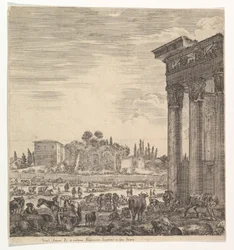 The columns of the Temple of Antoninus to right, a part of the Campo Vaccino in center