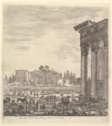 The columns of the Temple of Antoninus to right, a part of the Campo Vaccino in center