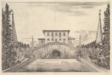 The Villa at Center Flanked by Four Obelisks, a Staircase to Either Side, a Statue, ca. 1653