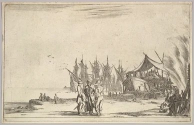 Three Men Wearing Hats Standing in Center, Men Fixing a Ship to Right, Five Ships and Various Figures