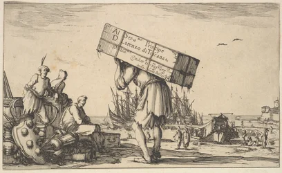 Title Page: A Man Carrying a Case on His Back in Center, Three Men Looking Towards Him