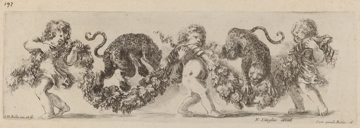 Two Leopards Jumping a Festoon Supported by Children