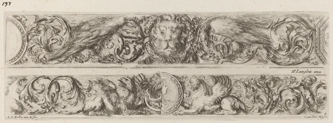 Two Ornamental Bands with Head of a Lion and Woman, probably 1648