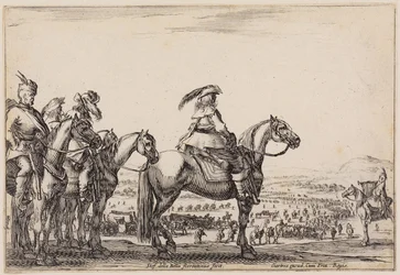 Various Figures: Army Marching on the Plain. In the Foreground on the Hill, Commander and Companion, Right Trumpeter
