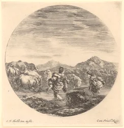 Two Women with a Herd of Cows Crossing the River, Plate 4 from the Series 