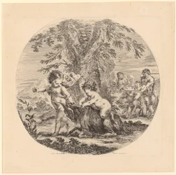 Two Children Playing with a Goat