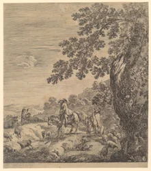 Two Riders Passing a Flock of Sheep