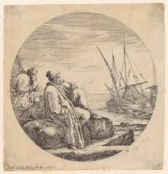 Two Turkish Merchants Resting on the Shore Beside the Barges