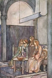 There sat the three maidens with the Queen