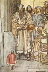 They all trooped out, lords and ladies, to view the wee man, illustration from 