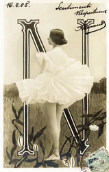 N: Cleopatre Diane de Merode, called Cleo de Merode, dancer from the Belle Epoque, trained at the Opera de Paris - Theatre des Folies Bergere, Paris - Alphabet in postcard