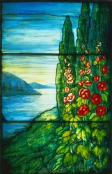 Lake Scene with Blossoming Hollyhocks