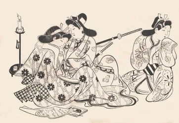 Samurai and Courtesan Seated, A Servant Beside Them