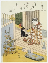 A courtesan seated on a verandah brushing her teeth and pensively looking at flowering morning glory