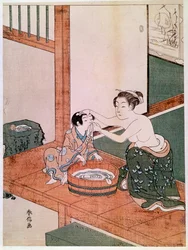 A naked mother washing her child in Japan near a basin filled with water. Prints by Haronobu Suzuki. 1766-1768. Paris, Guimet Museum, National Museum of Asian Arts