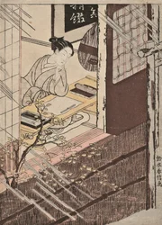 A woman seated at a writing desk looking out at the rain