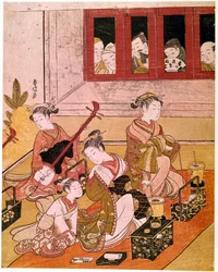 Courtesans playing music exposed to the eyes of voyeurs
