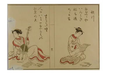 Harunobu Style Beauties Reading and Posing with Samisen
