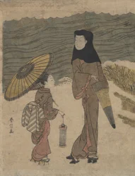 Lady with Black Hood and Umbrella Out Walking with Young Attendant