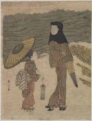 Lady with Black Hood and Umbrella Out Walking with Young Attendant