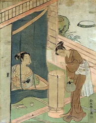 Mother and Child Behind Mosquito Netting by Harunobu Suzuki