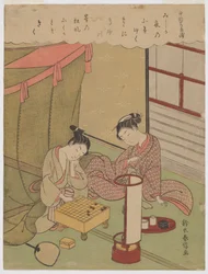Oiran and a young man playing shogi on a summer evening in Yoshiwara