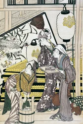 Servants toiling in home, ukiyo-e art print, Japanese civilization, Edo period
