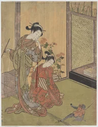 Two Girls Looking at a Monkey on a Leash